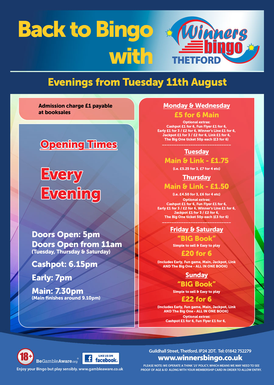 Thetford Bingo Session Times & Prices Evenings Winners Bingo